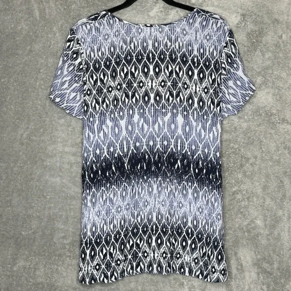 CJ Banks 2X Shirt Top Blue Geometric Short Sleeve Keyhole Scoop Neck Tunic Knit - Picture 4 of 7